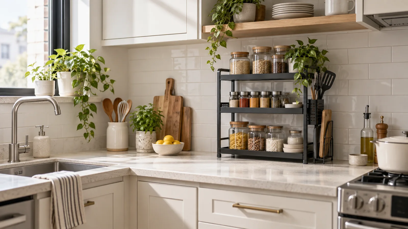 Cozinha pequena organizada com rack de três níveis para potes, temperos e utensílios
